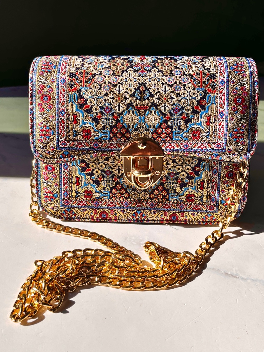 Turkish Tapestry Carpet Crossbody Bag Gold Chain Woven Rug Style Purse